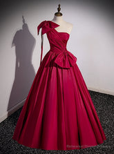 Burgundy One Shoulder Pleats Prom Dress